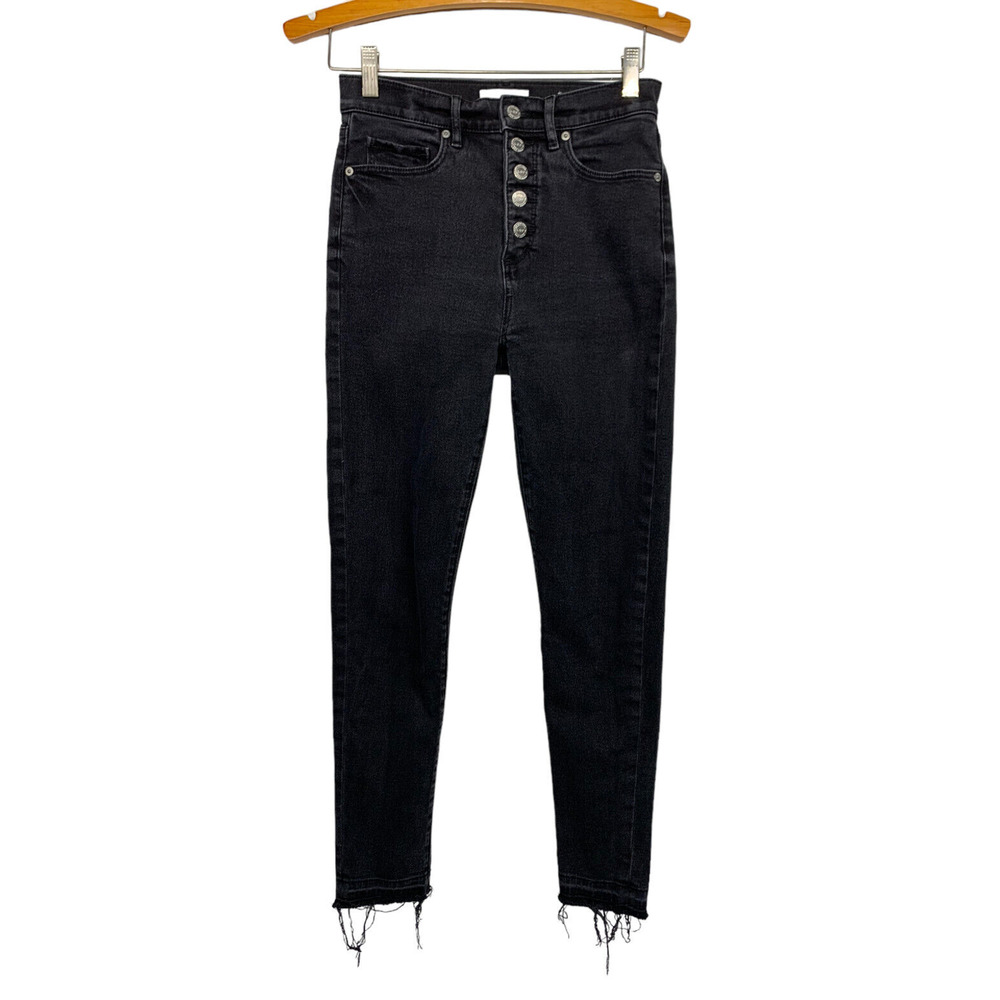Loft Womens 26/2 Black The Skinny Jeans Button Fly Raw Hems Stretch